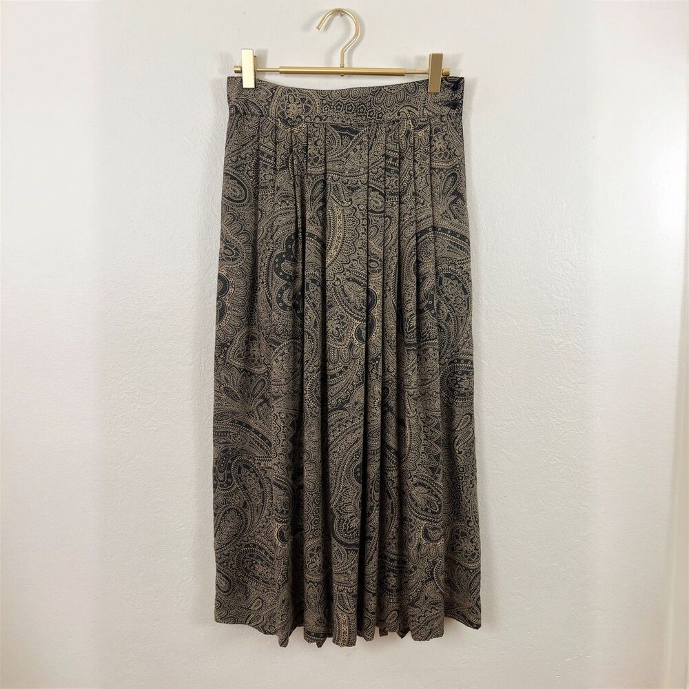 Vintage 90s Rena Rowan for Saville Tan & Black Paisley Midi Pleated Skirt Sz 6